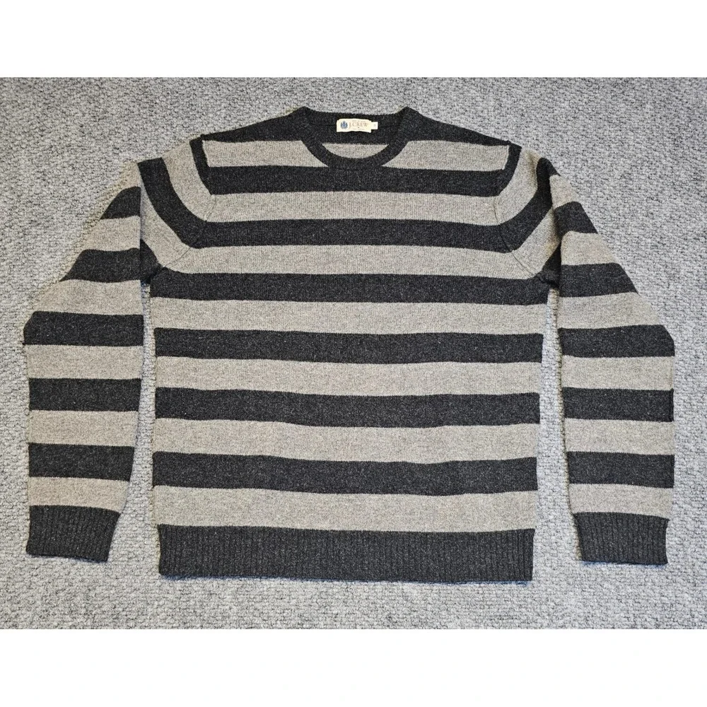 J‎ Crew Striped Crew Neck Lambswool Sweater Charcoal Gray Beige Mens Size Medium